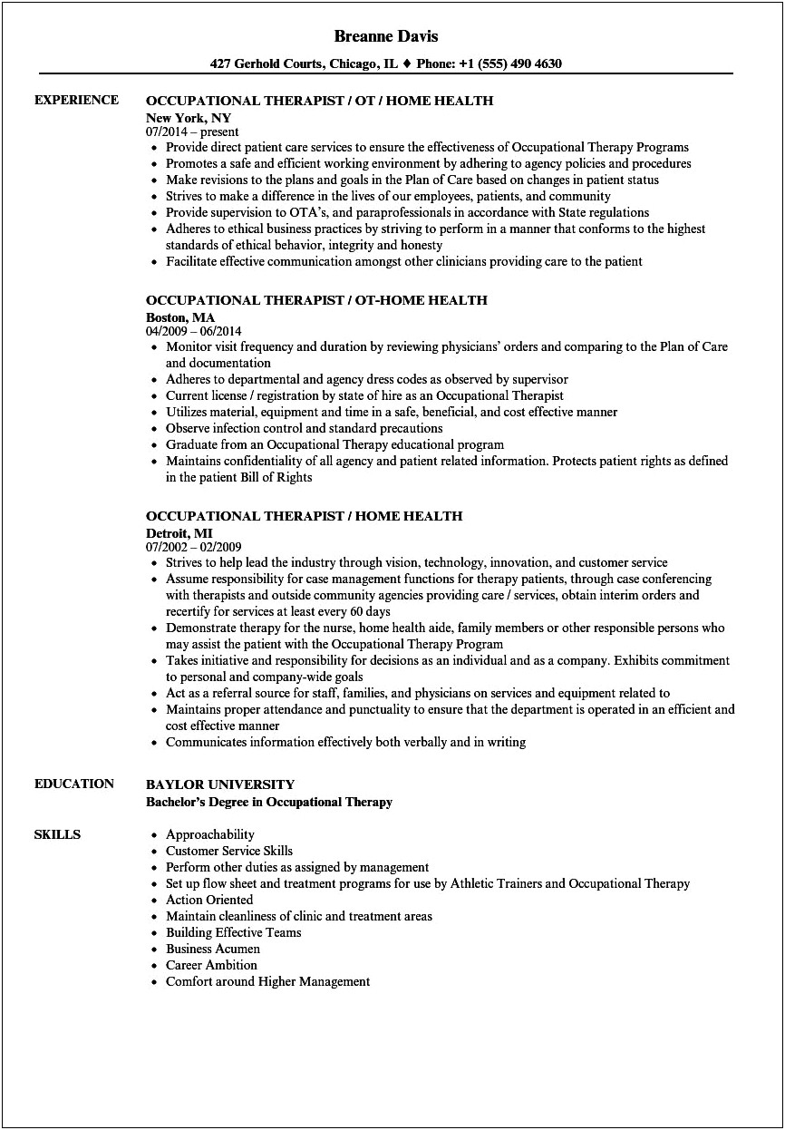 Entry Level Occupational Therapy Resume Sample
