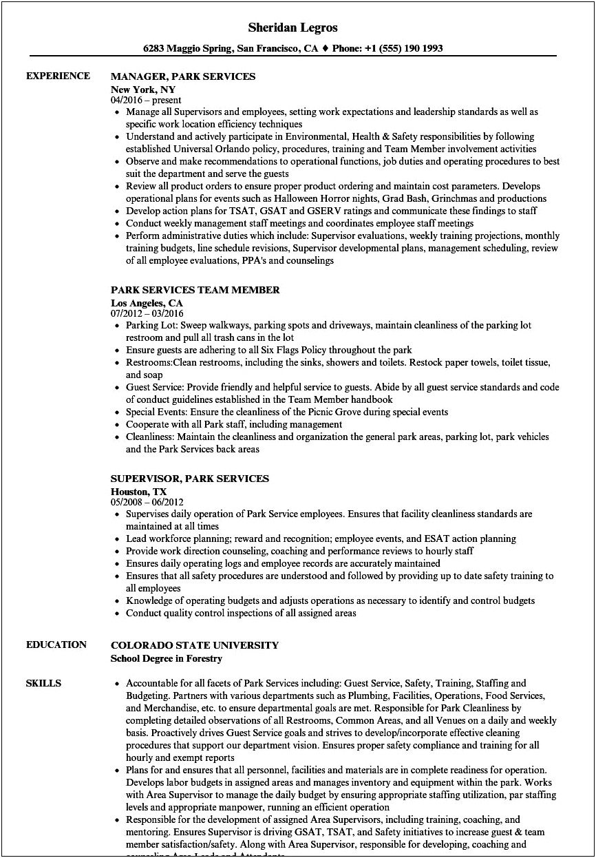 Entry Level Parks And Rec Resume Example