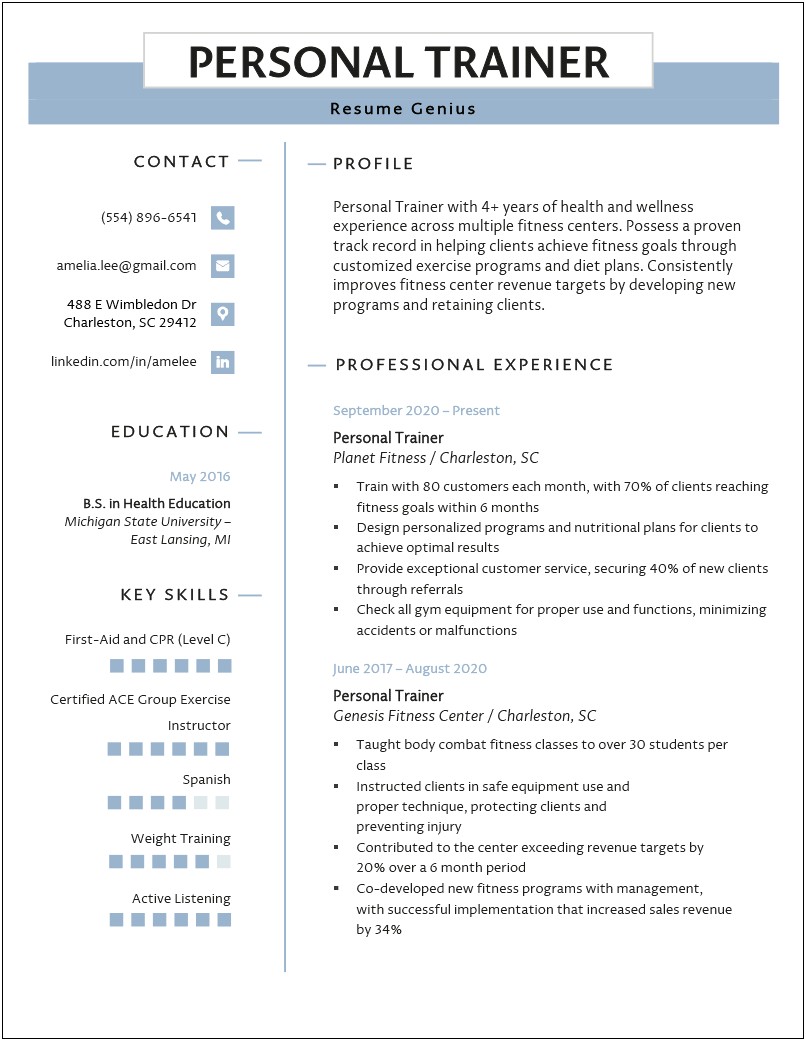 Entry Level Personal Trainer Resume Samples