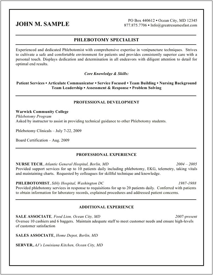 Entry Level Phlebotomy Resume Objective