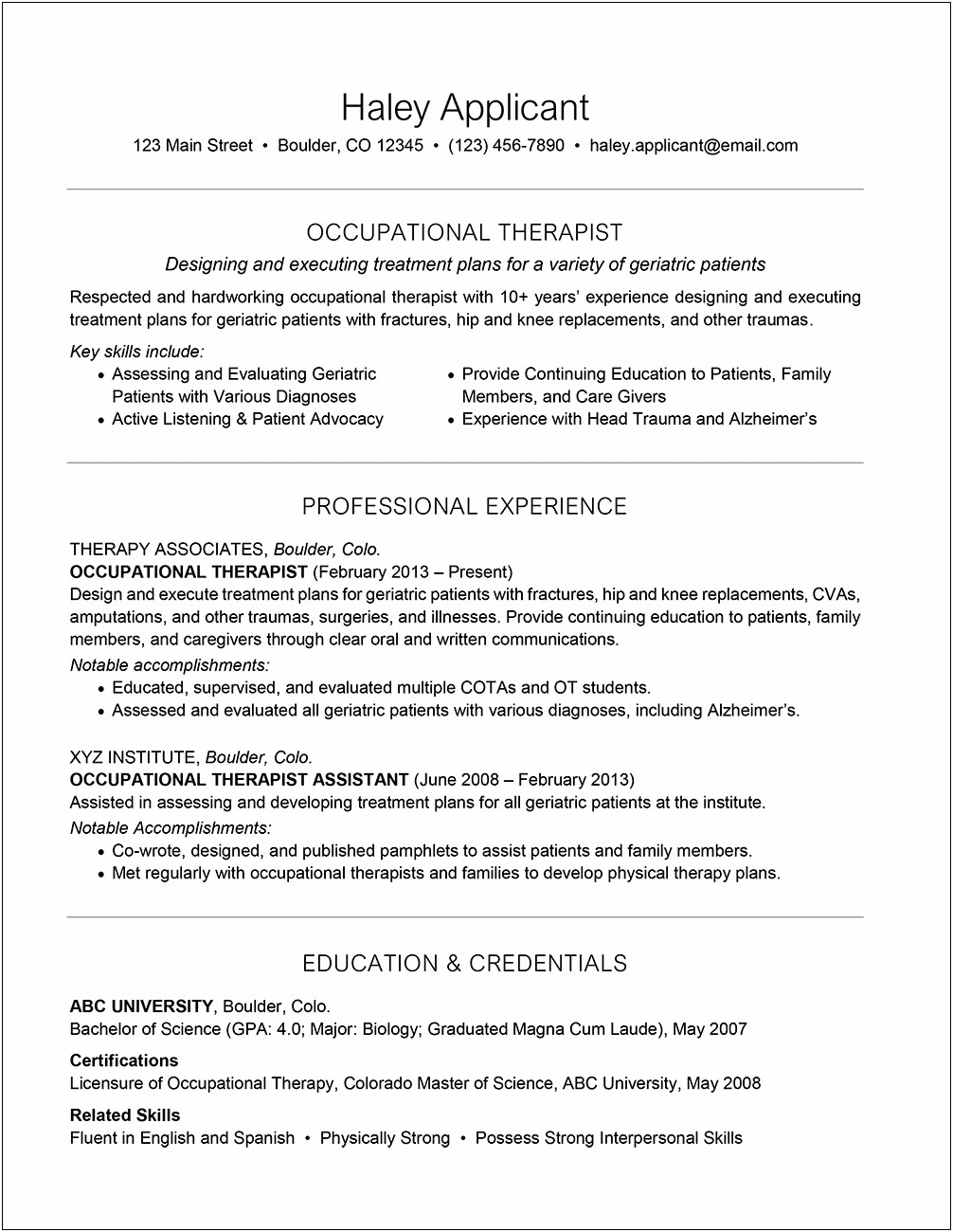 Entry Level Physical Therapy Resume Sample