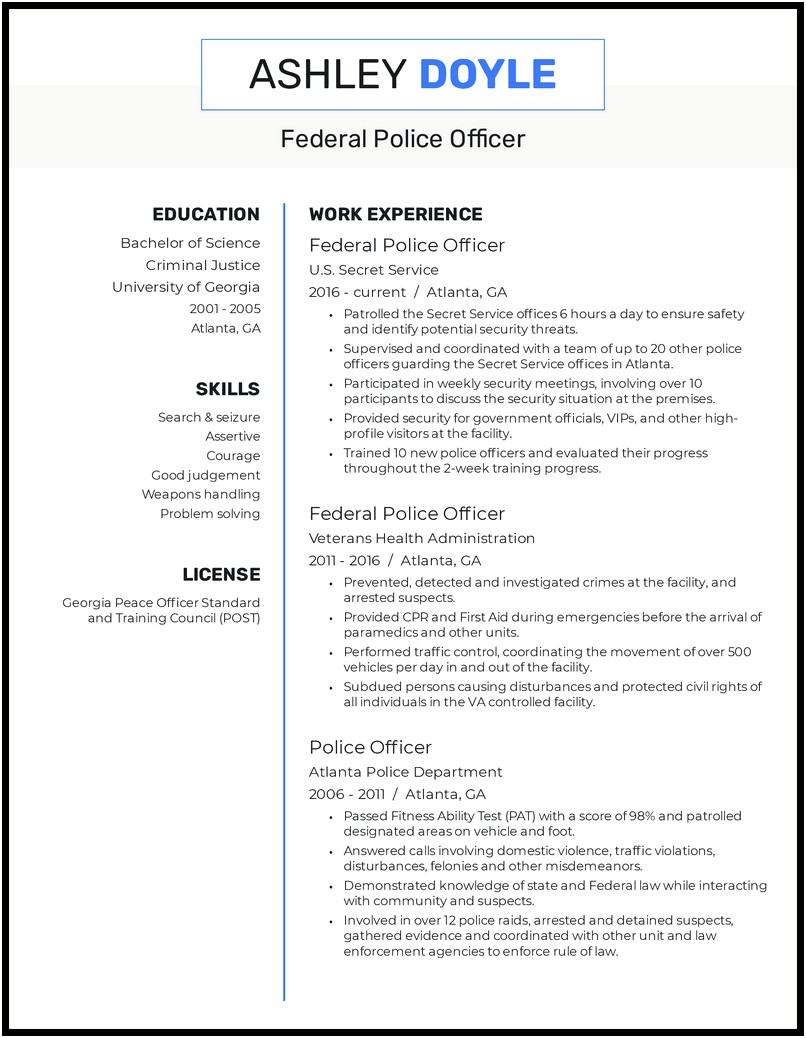 Entry Level Police Officer Resume Skills