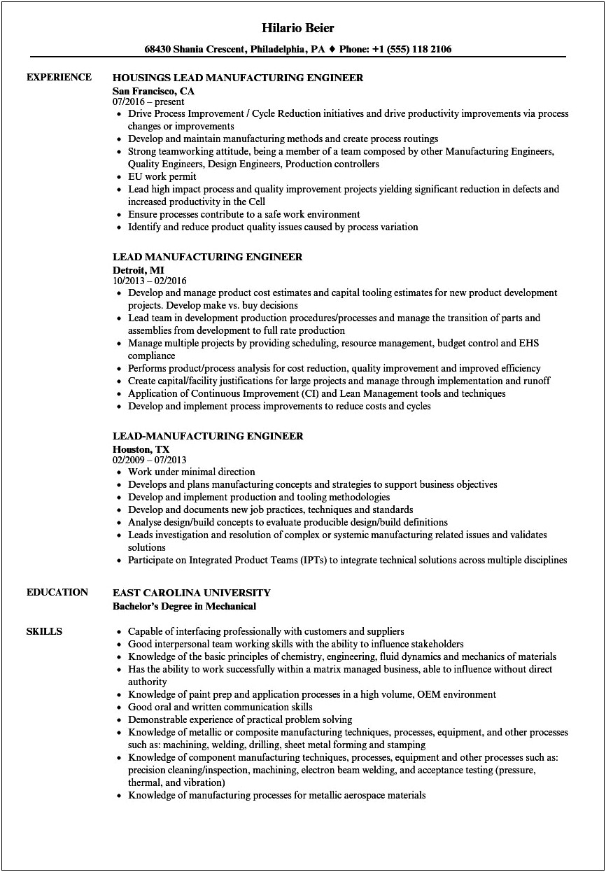 Entry Level Production Engineer Resume Samples