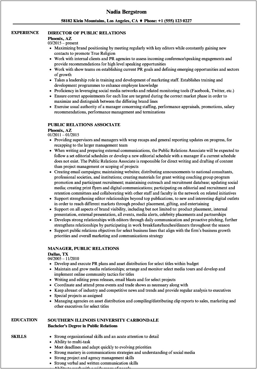 Entry Level Public Relations Resume Objective Examples