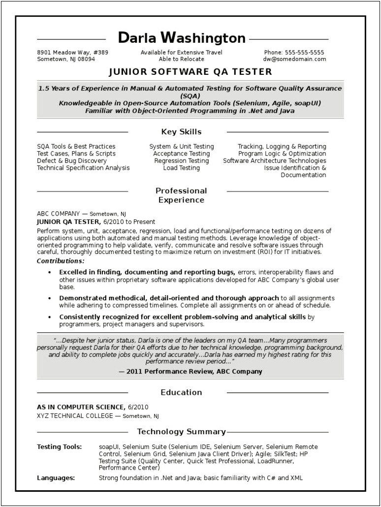 Entry Level Qa Sample Resume