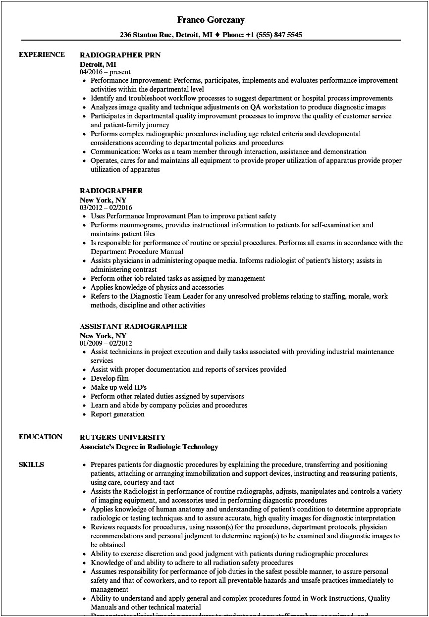 Entry Level Rad Tech Resume Examples