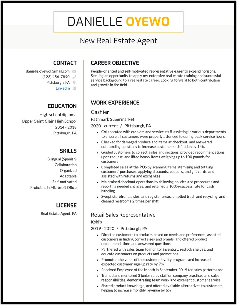 Entry Level Real Estate Agent Resume Example