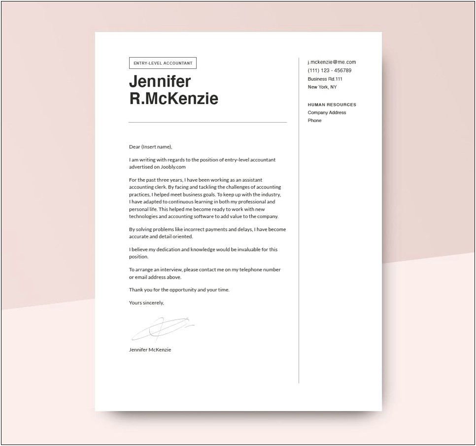 Entry Level Resume Cover Letter Format