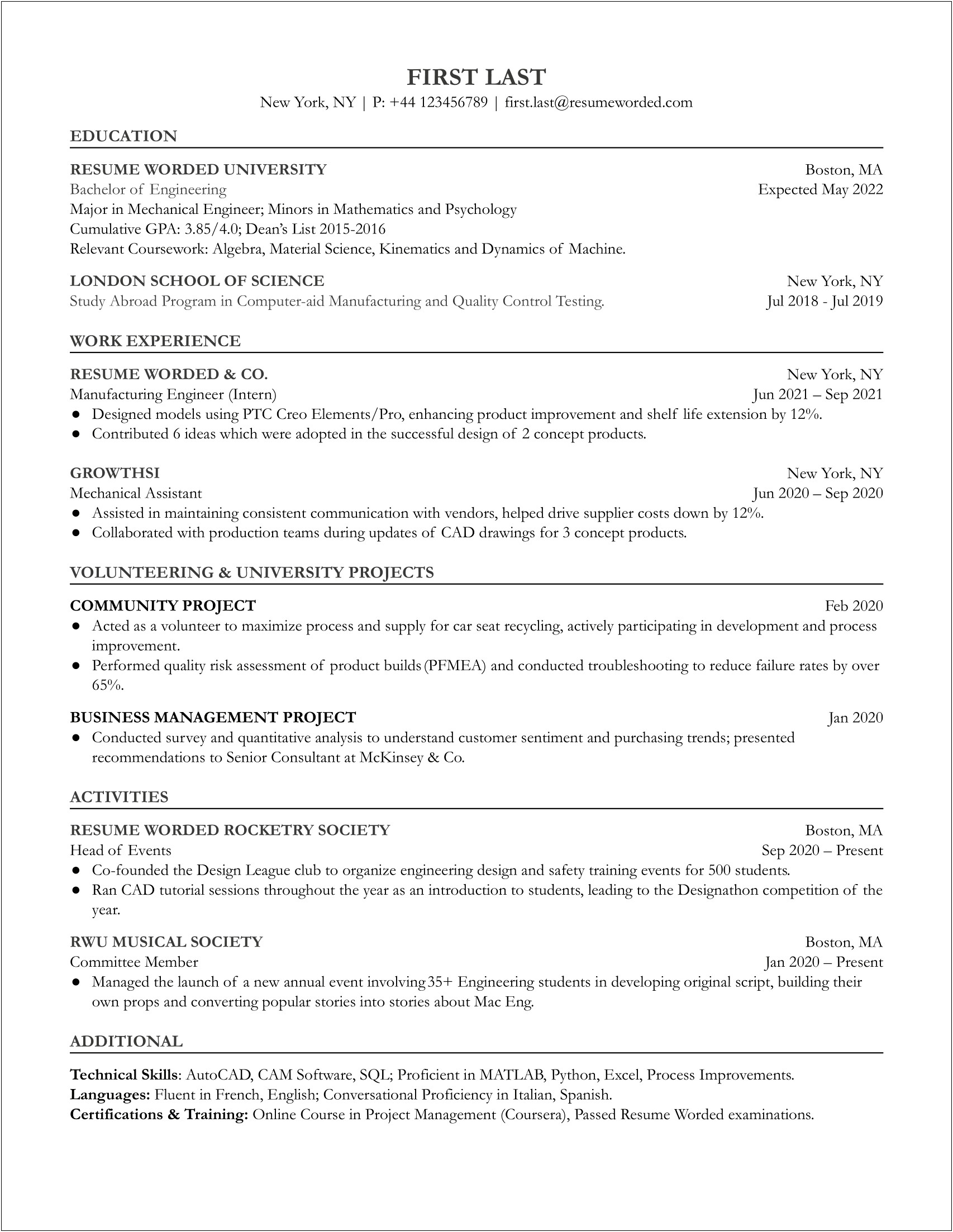 Entry Level Resume Example Engineer