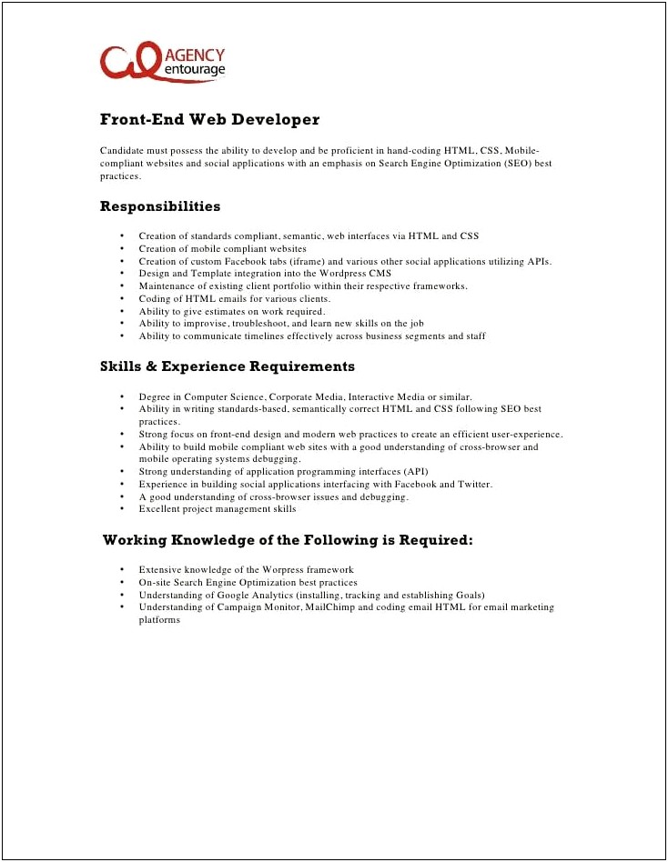 Entry Level Resume Examples In Web Developer