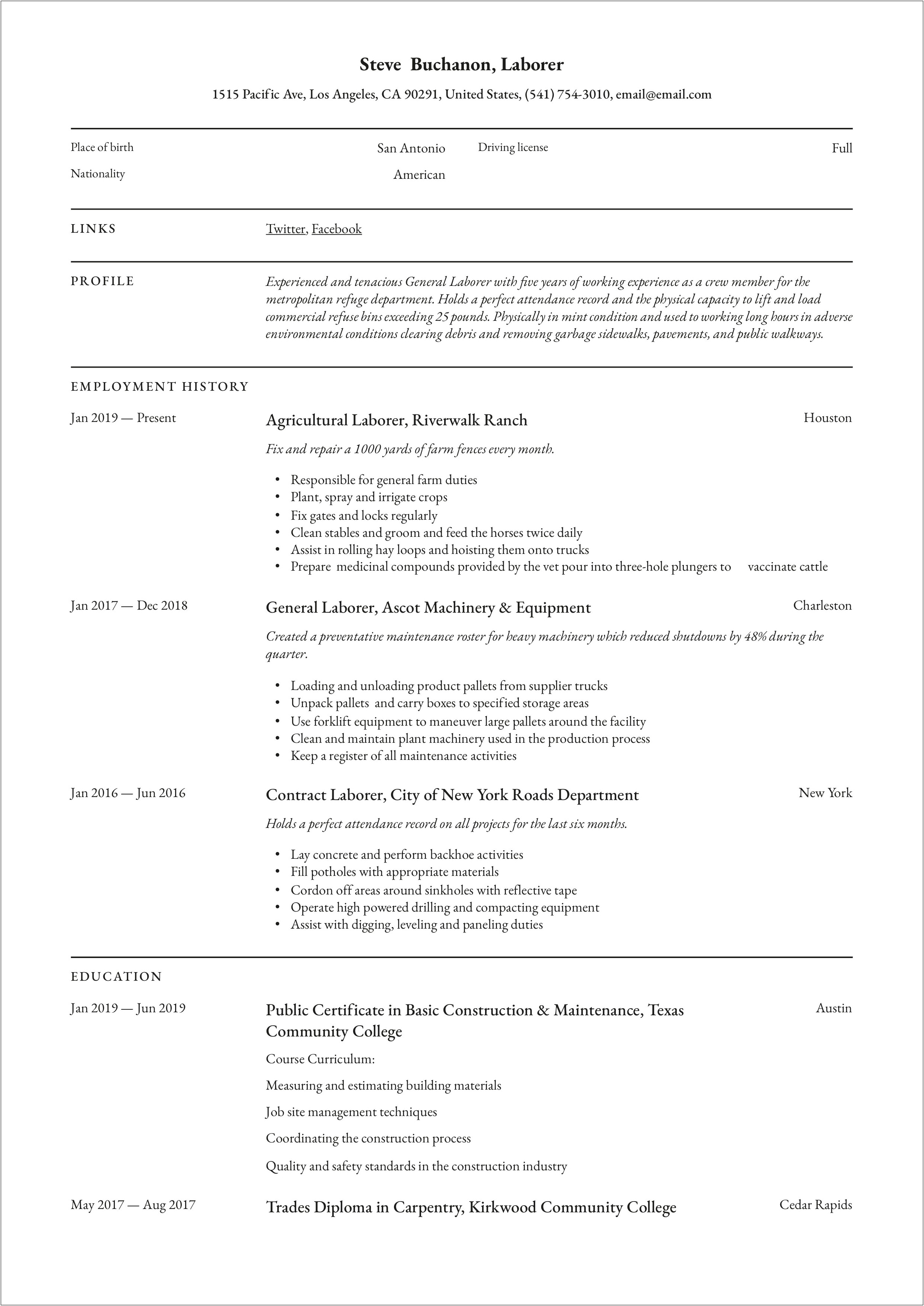 Entry Level Resume Summary Examples For General Laborer