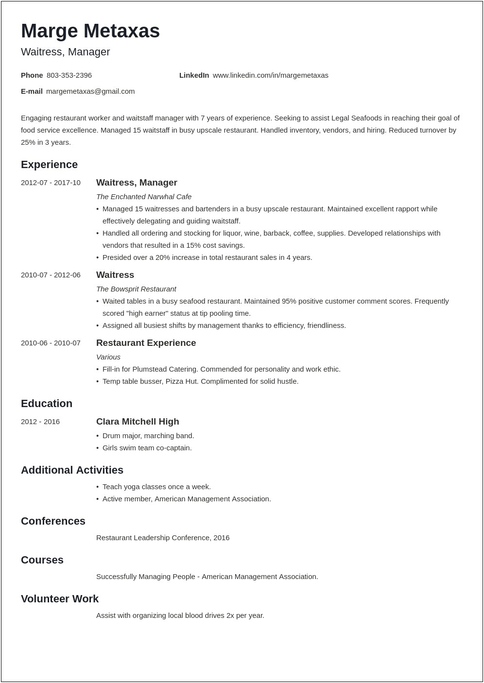 Entry Level Resume Summary For Restaurant