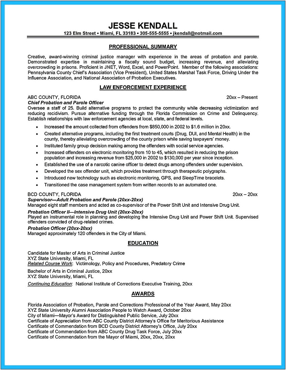 Entry Level Resume Summary Probation Officer