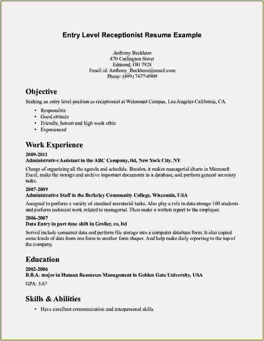 Entry Level Resume With Objective