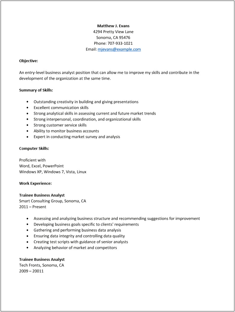 Entry Level Resume With Waiter Experience