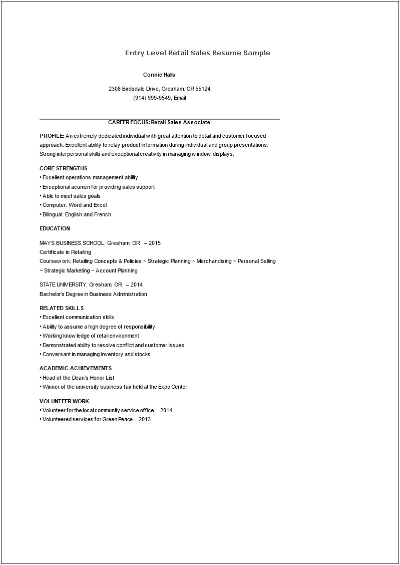 Entry Level Retail Resume Examples