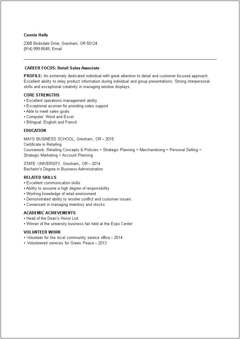 Entry Level Retail Sales Resume Sample