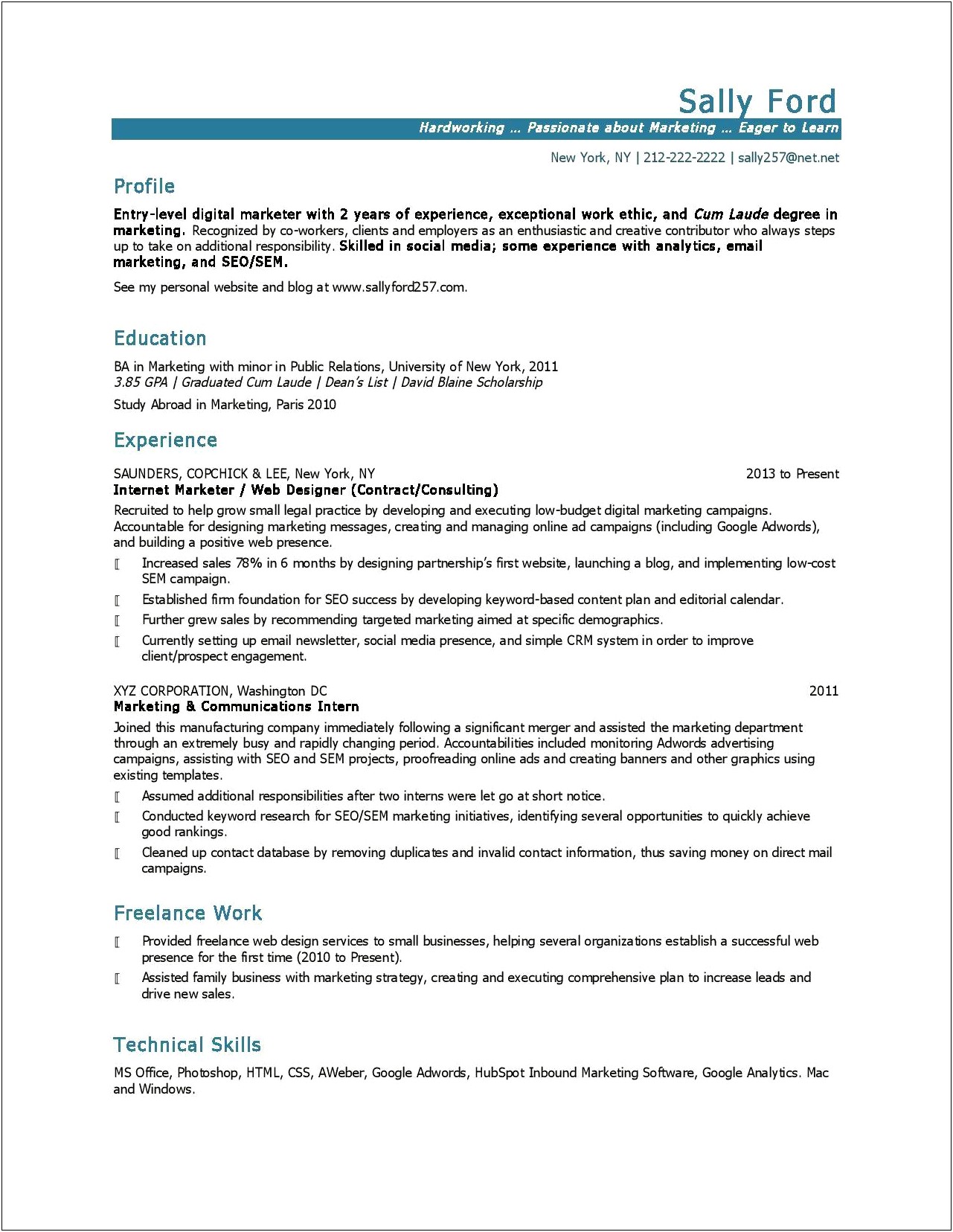 Entry Level Sales And Marketing Resume Sample