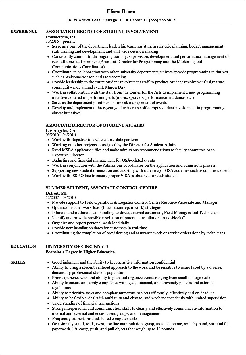Entry Level Student Affairs Resume Samples
