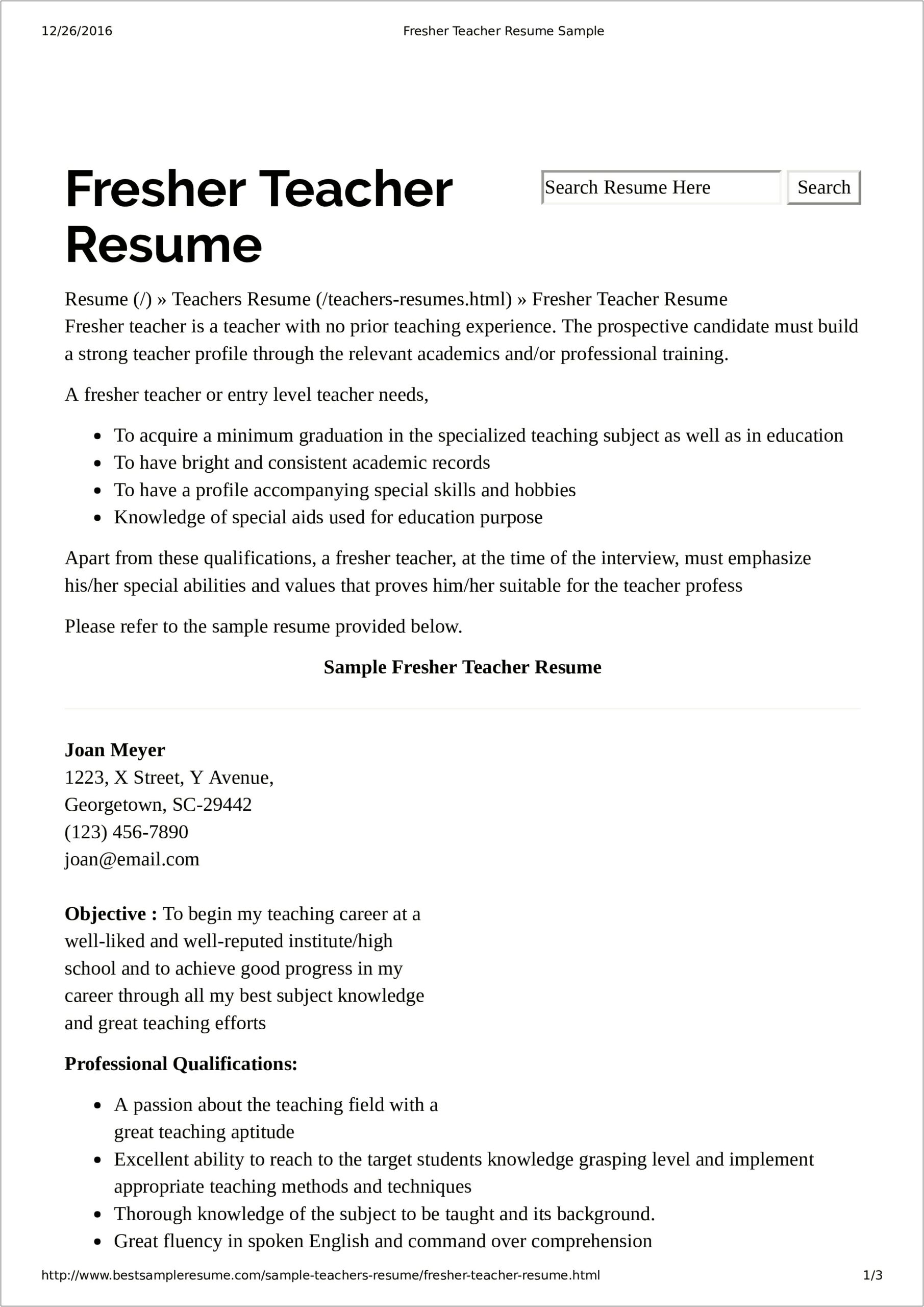 Entry Level Teacher Job Resume Sample