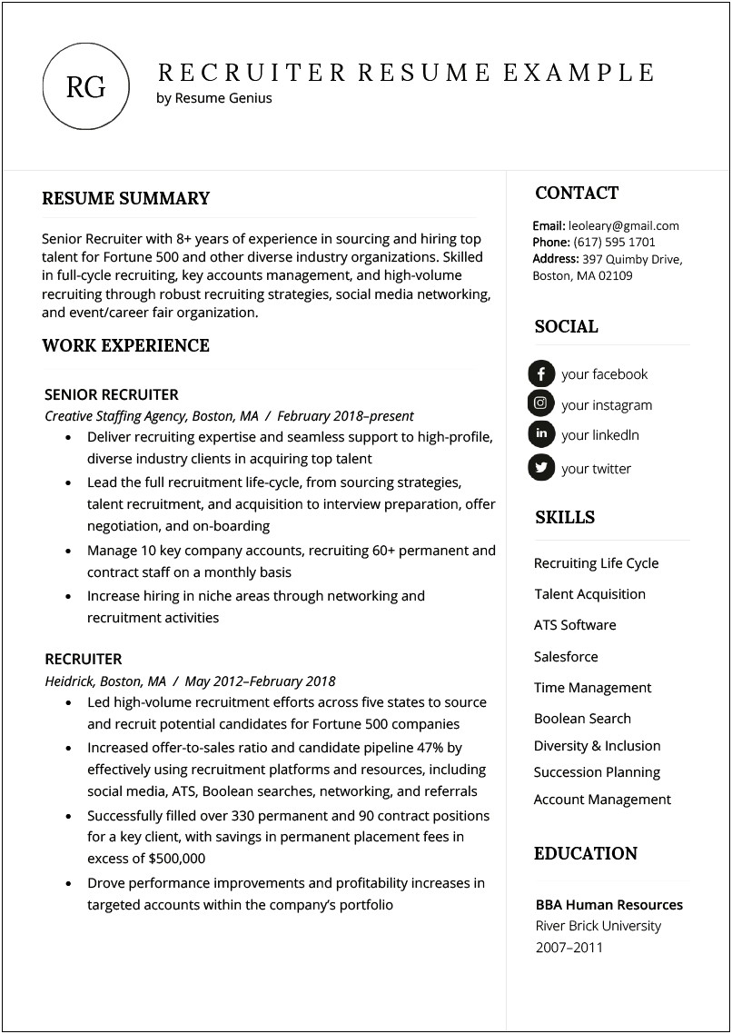 Entry Level Technical Recruiter Resume Example