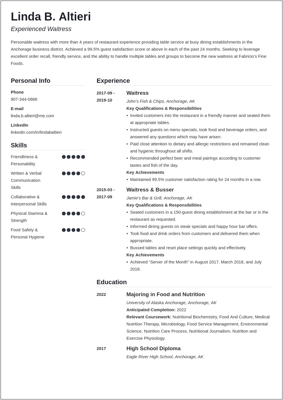 Entry Level Waitress Resume Objective