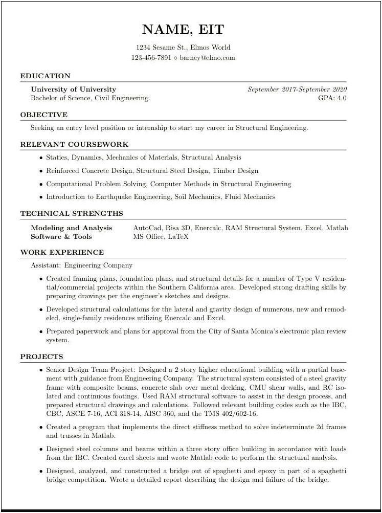 Entry Structural Engineer Resume Example