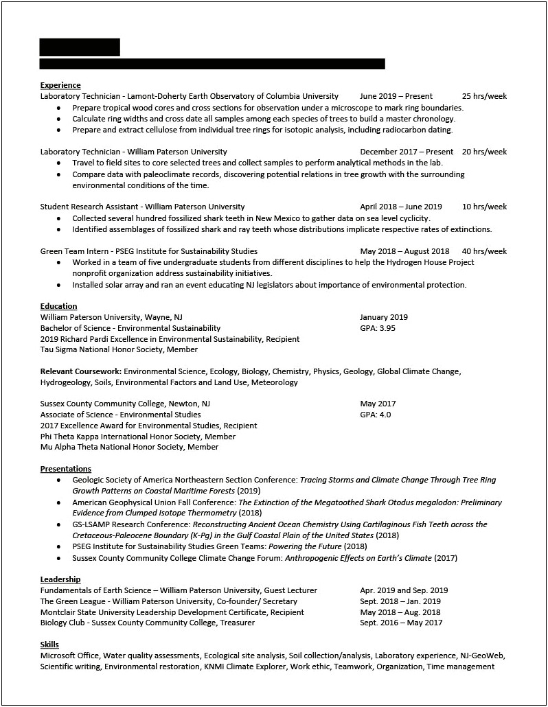 Environmental And Sustainability Studies Student Sample Resume