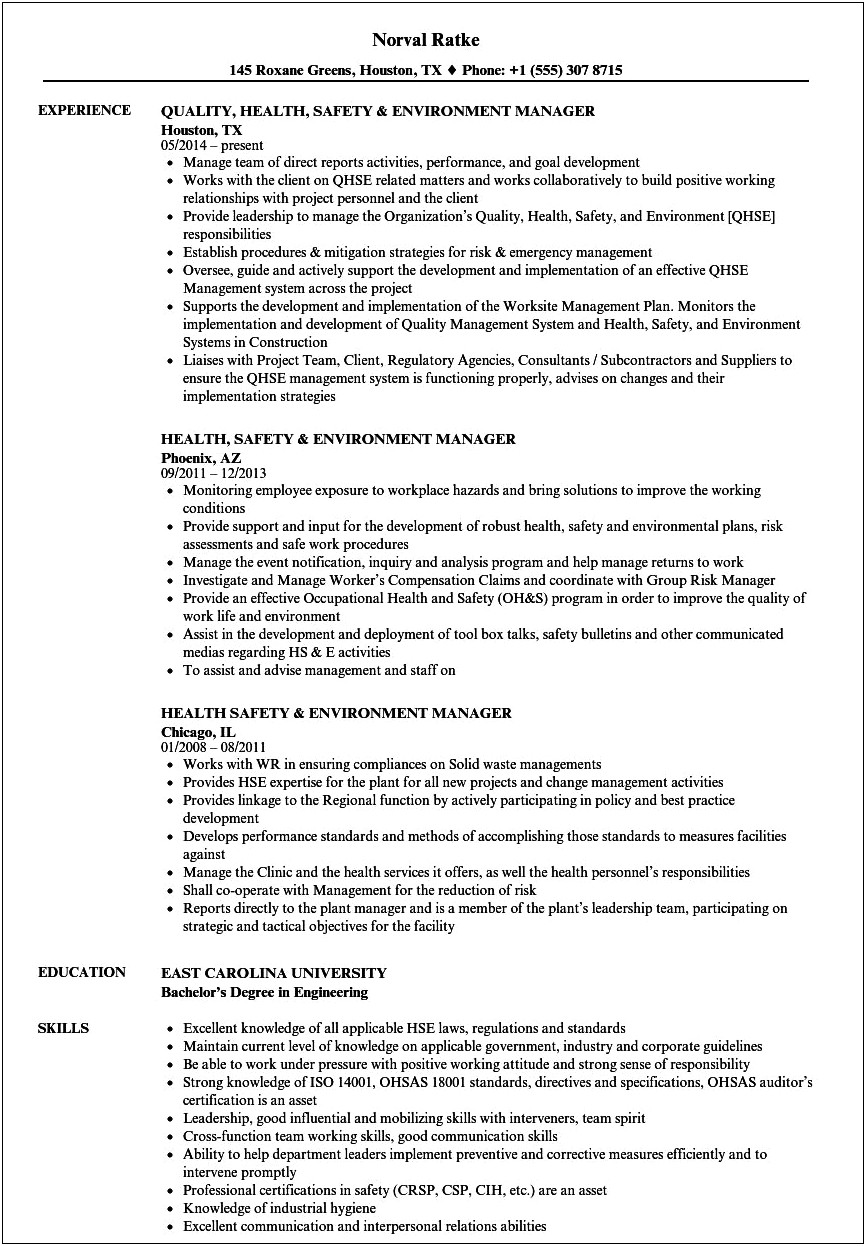 Environmental Health And Safety Resume Templates