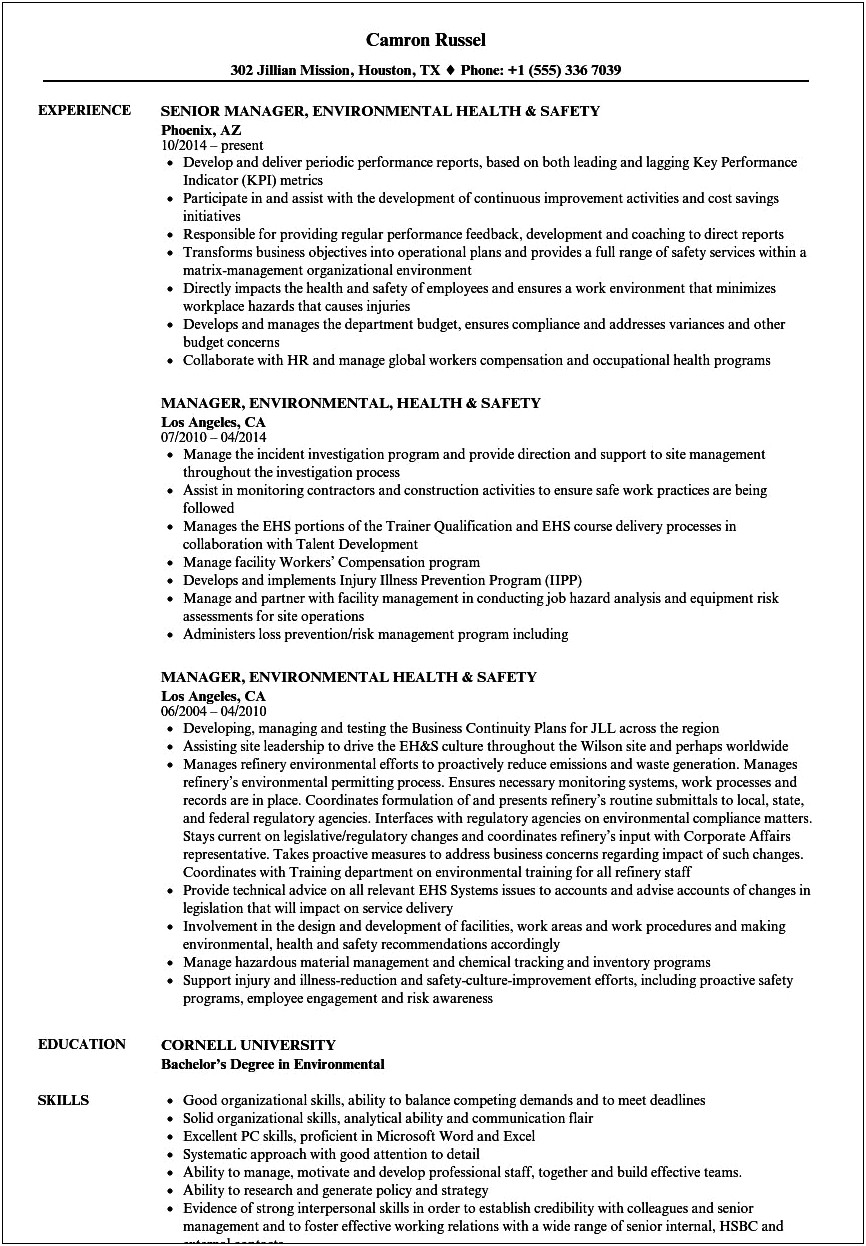 Environmental Health Manager Entry Level Resume