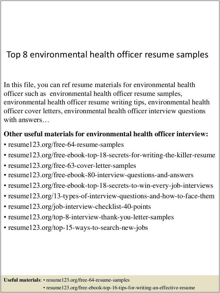 Environmental Health Officer Resume Sample