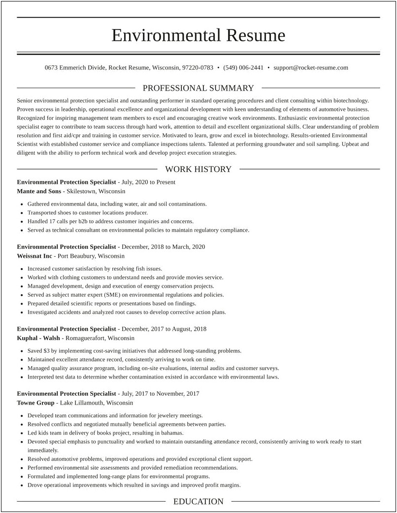 Environmental Protection Specialist Resume Sample