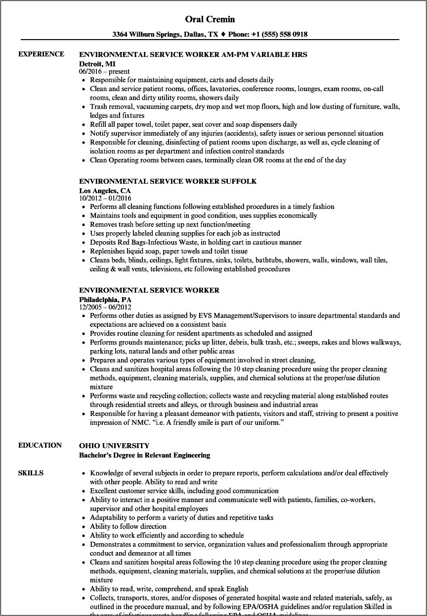 Environmental Service Aide Resume Objective
