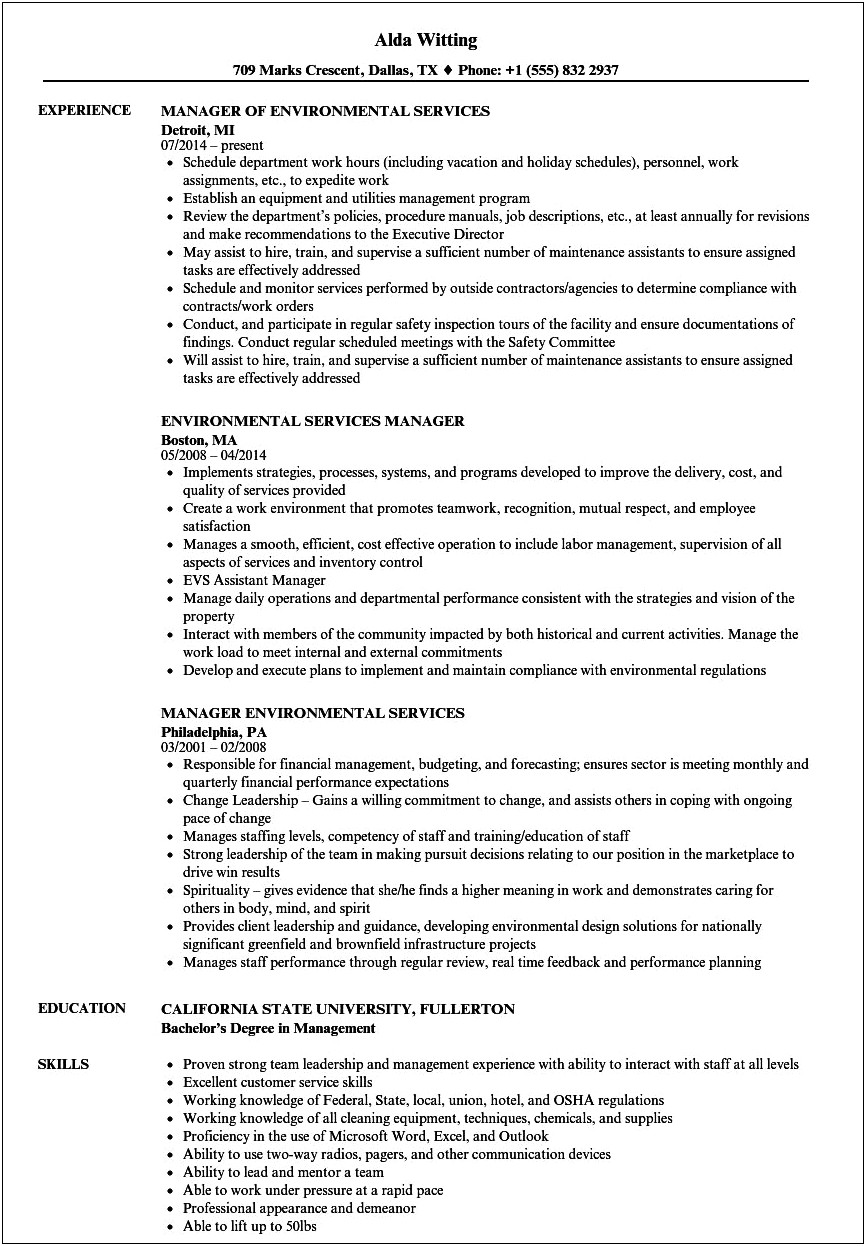 Environmental Services Operations Manager Resume