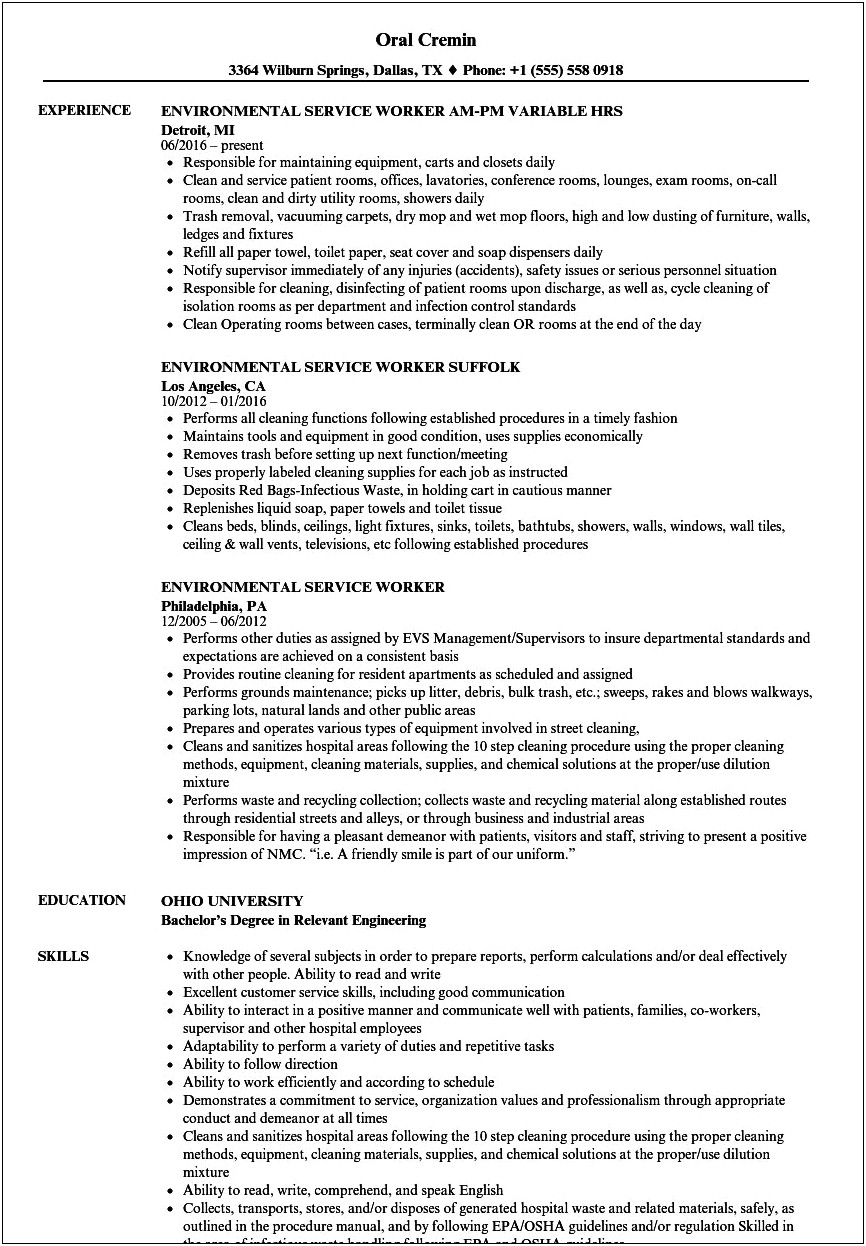 Environmental Technician Resume Job Description