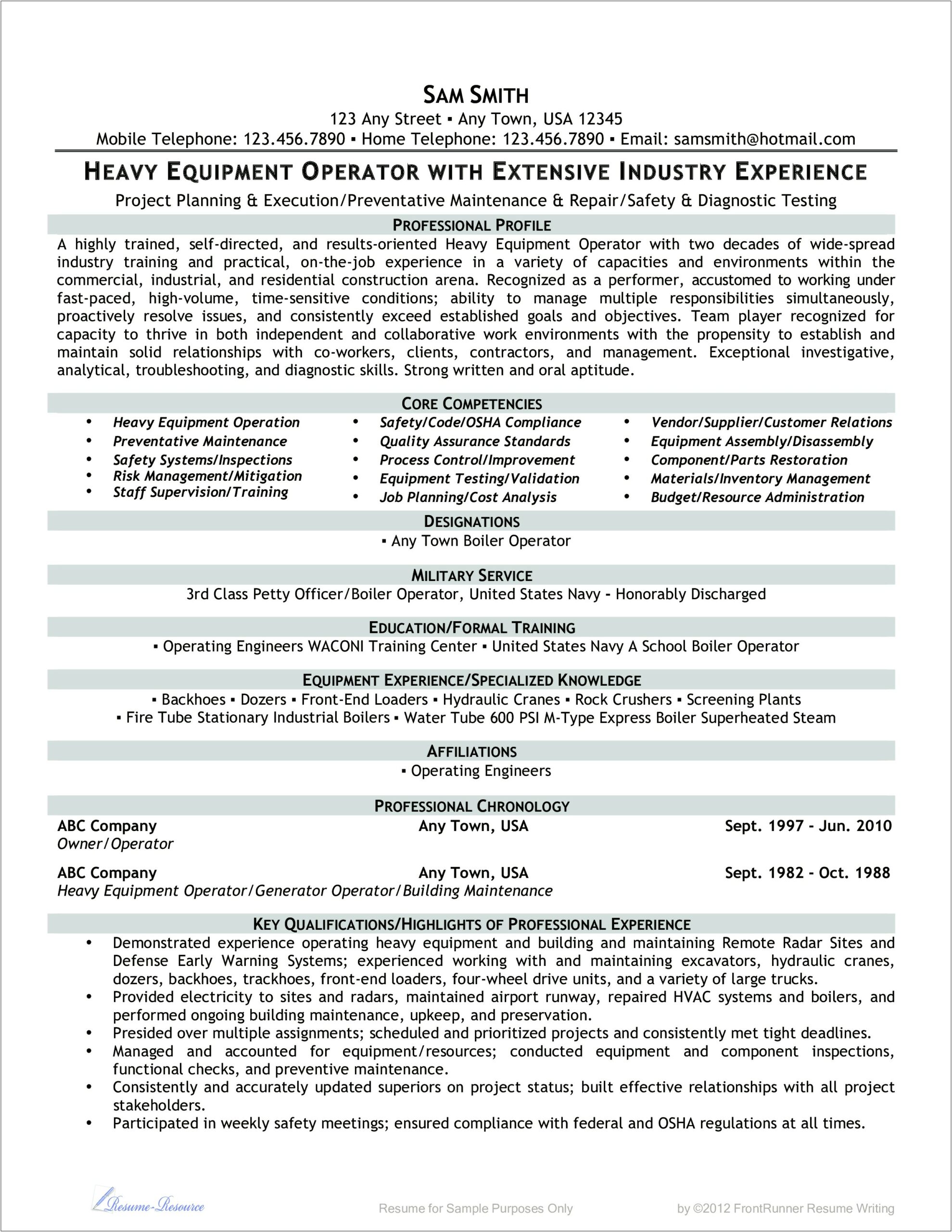 Equipment Operator Job Description Resume