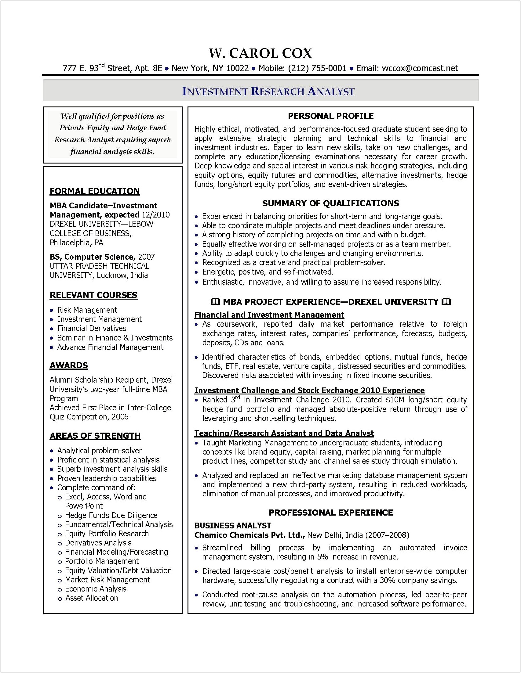 Equity Capital Markets Sample Resume
