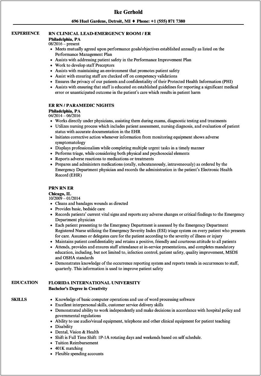 Er Nurse Job Description Resume Sample