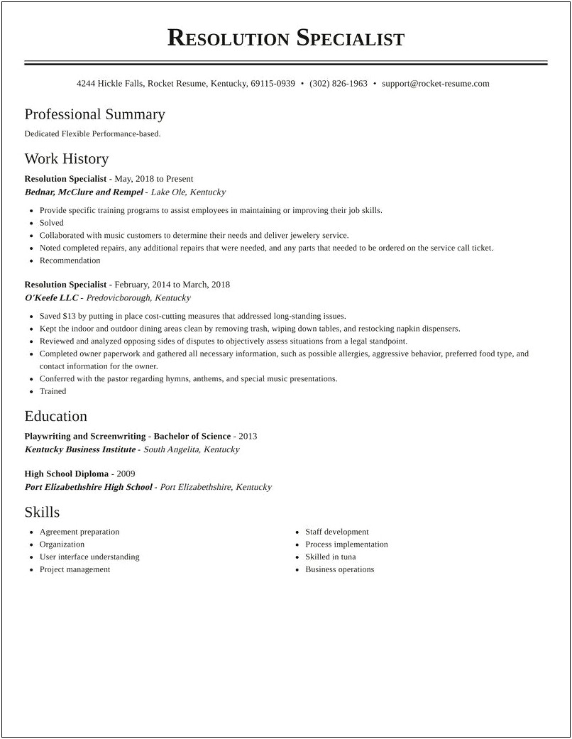 Escalation Specialist Job Description For Resume