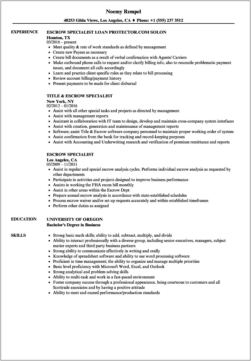 Escrow Officer Job Description For Resume