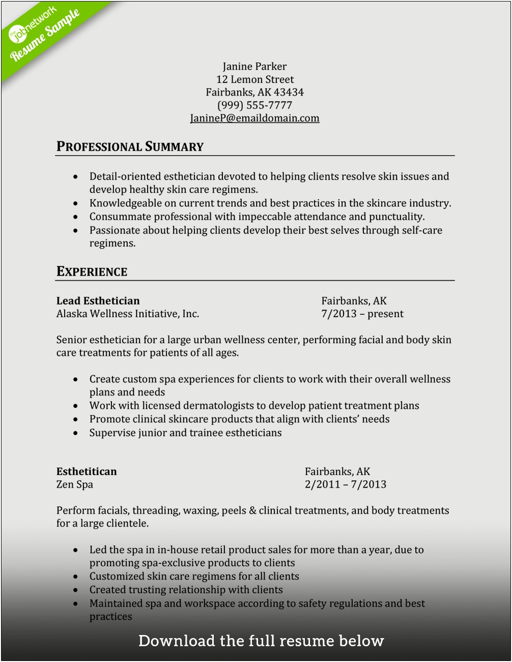 Esthetician Resume Fresh Out Of School