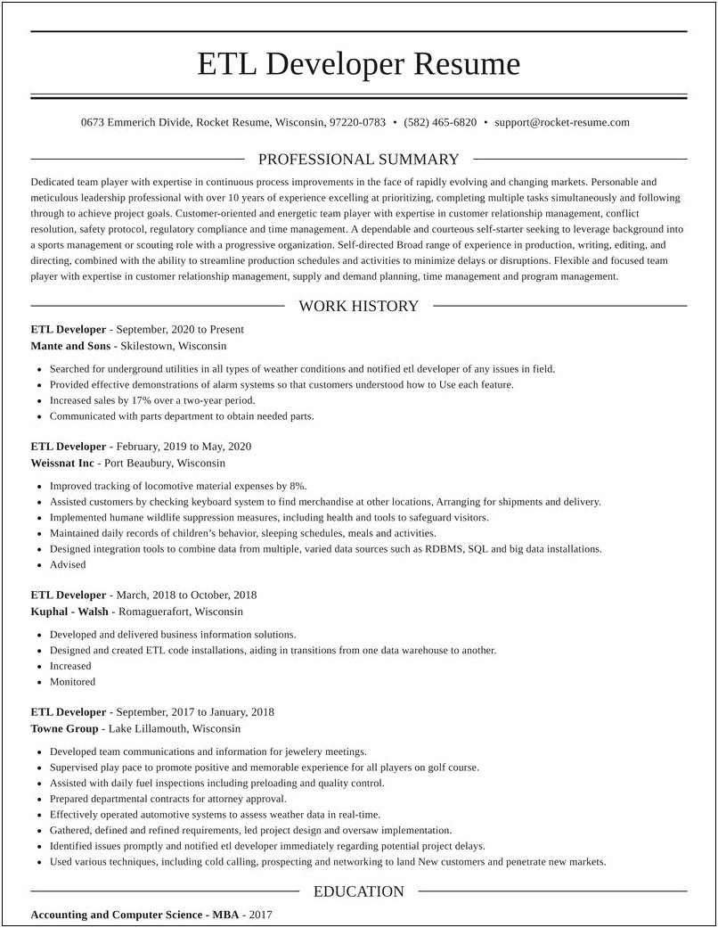 Etl Developer Job Description Resume