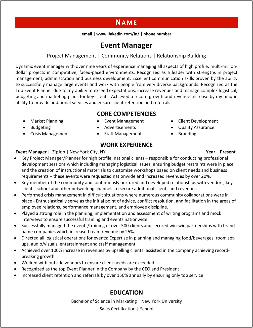 Event Manager Resume 7 Years Experience