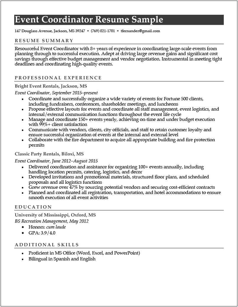 Event Sales Job Description On Resume