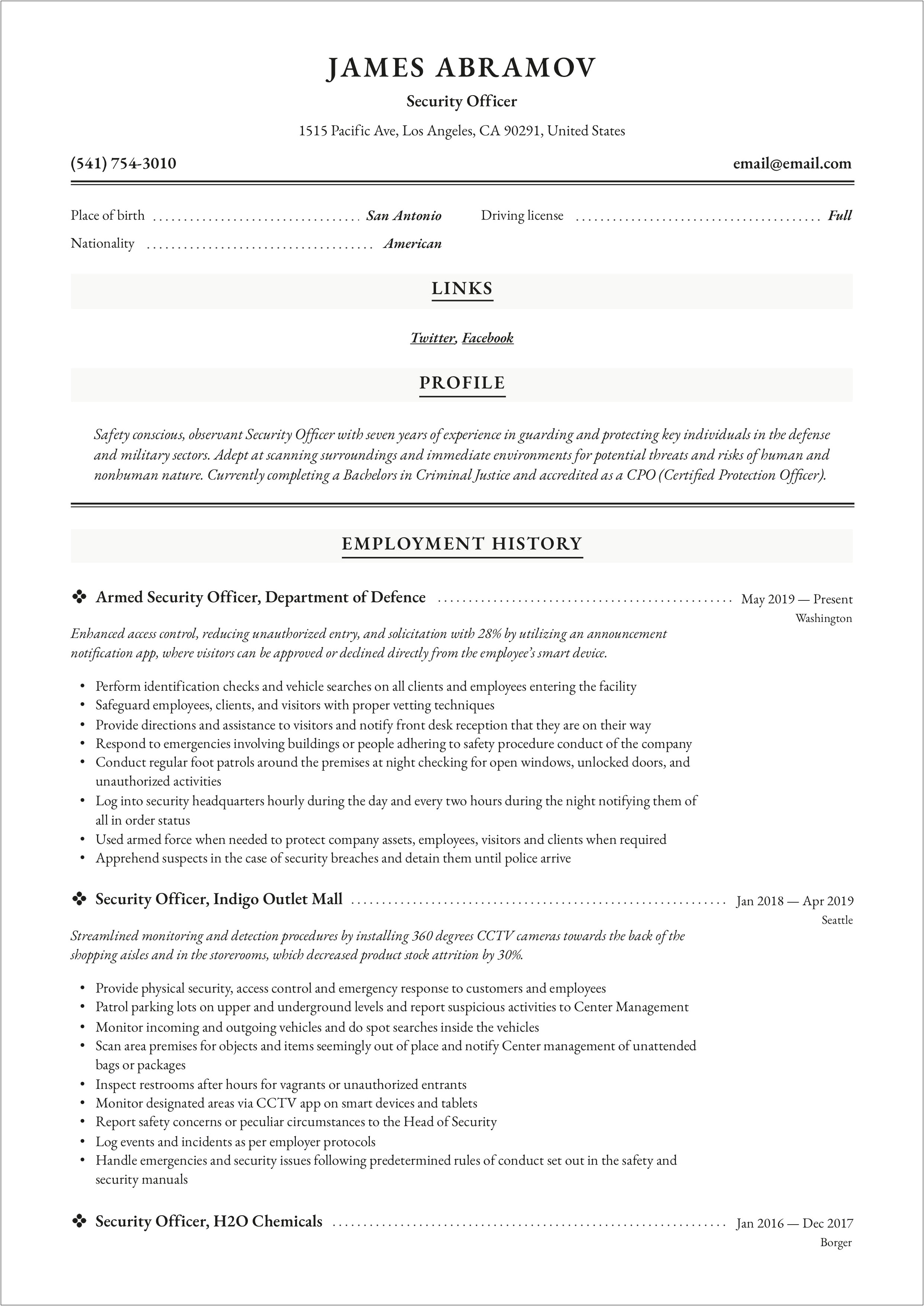 Event Security Guard Resume Sample