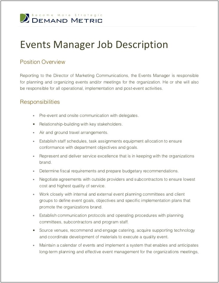 Events Manager Job Description Resume