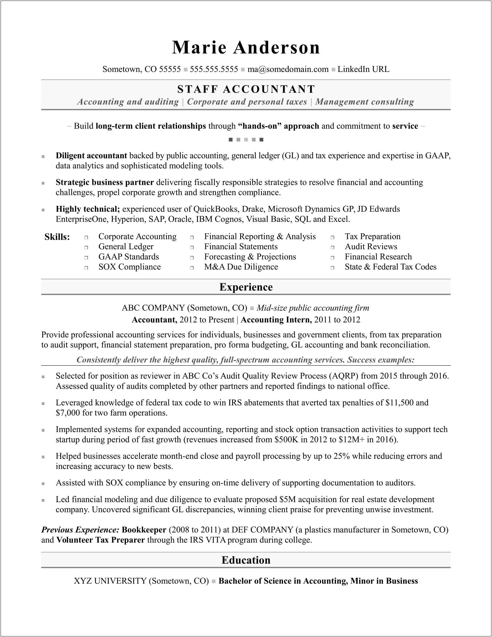 Examle Of Good Resume For Tax Professional