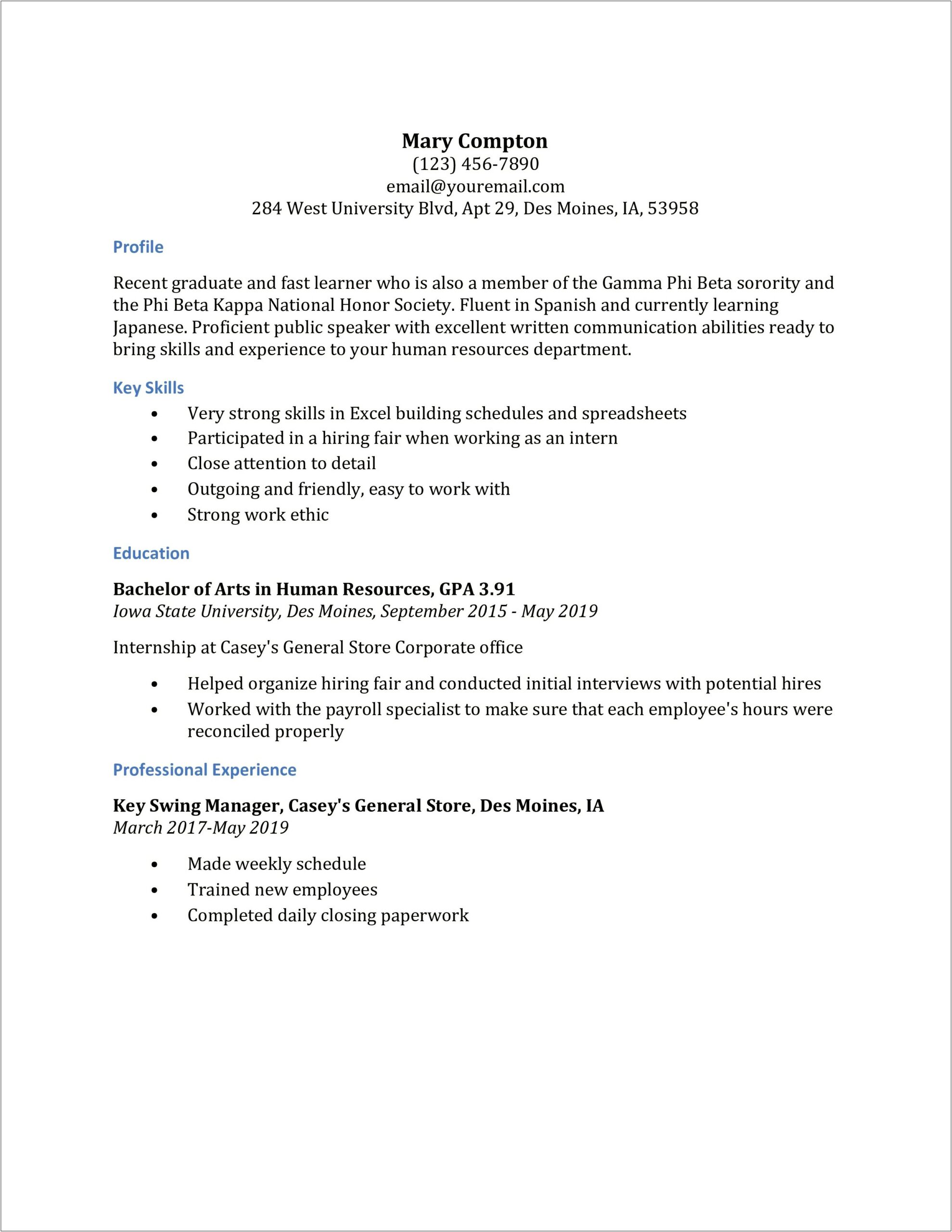 Example 2019 Human Resources Resume