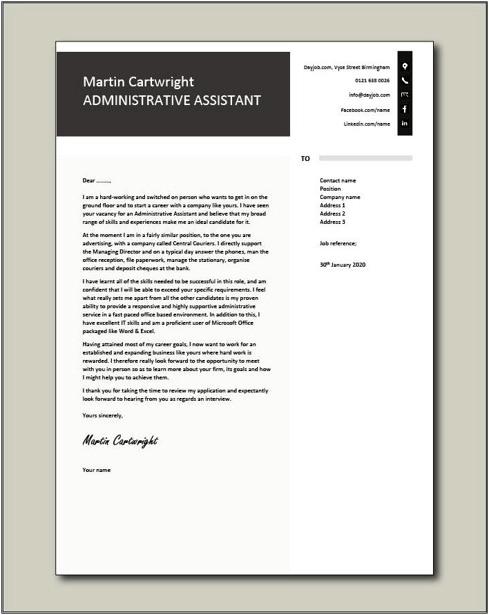 Example Administrative Assistant Cover Letter For Resume