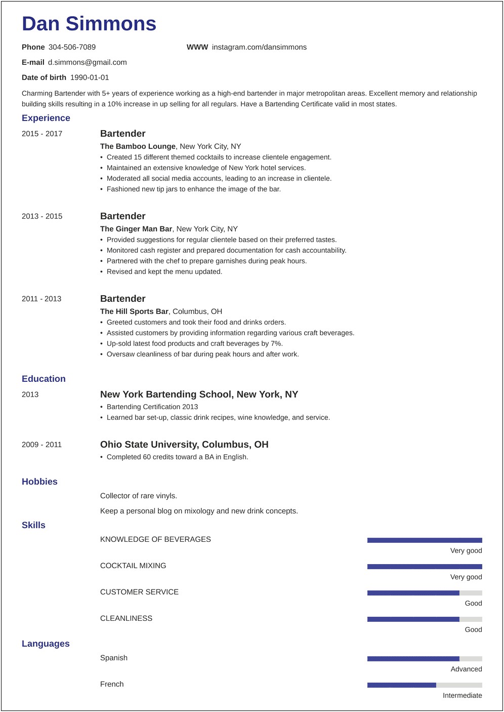 Example Bartender Resume No Experience